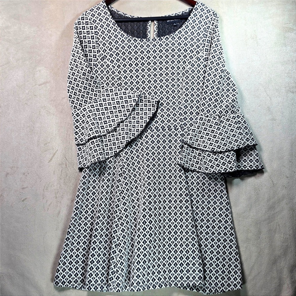 My Michelle Women Black White Geometric Diamond Tiered Bell Sleeve Dress XL